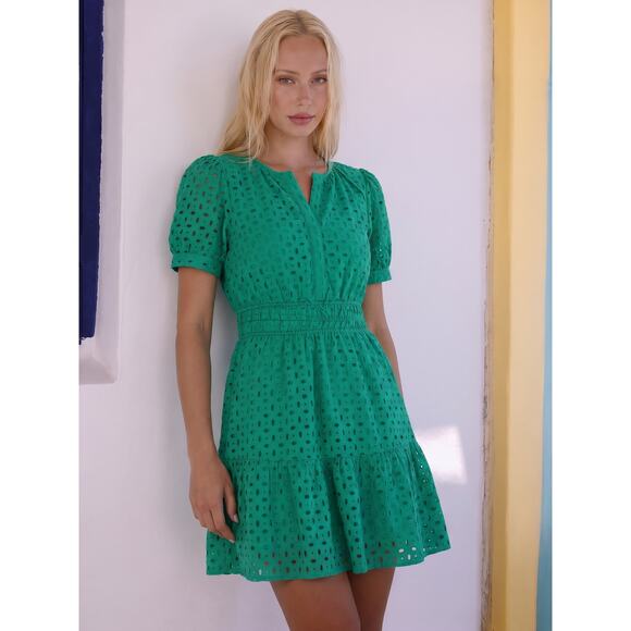 Prettygarden Dresses & Skirts - PrettyGarden Green Eyelet Cotton Dress Flutter Sleeve Sz S